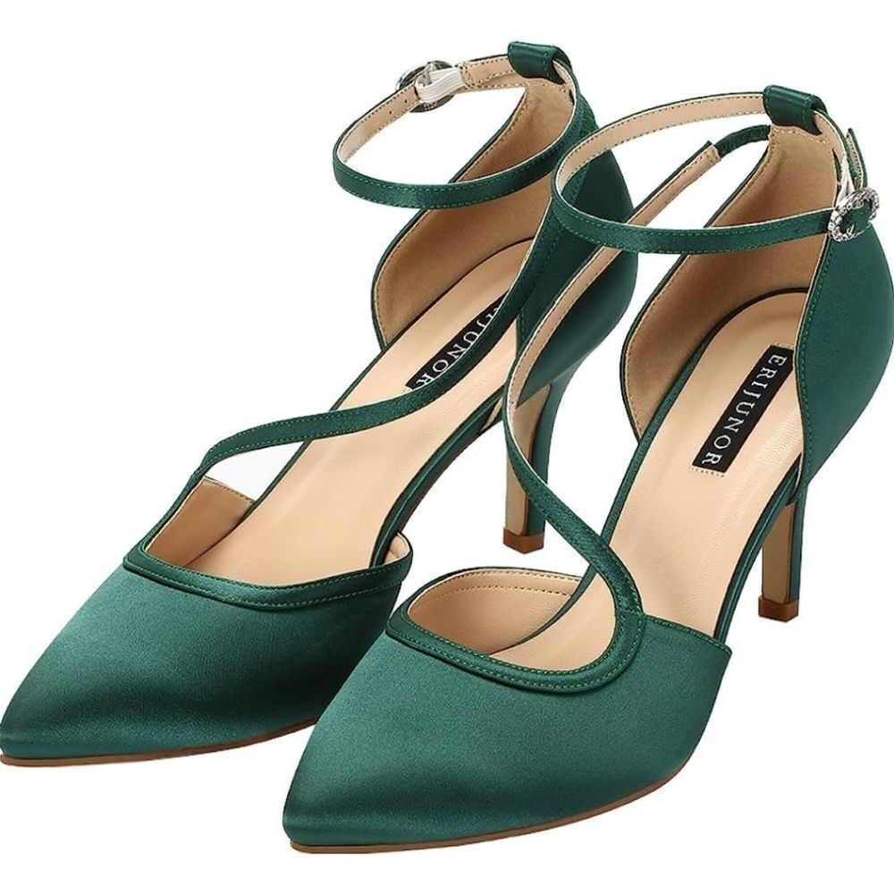 🩵NWOB Green Satin Closed Toe Ankle Strappy Heels Size 8